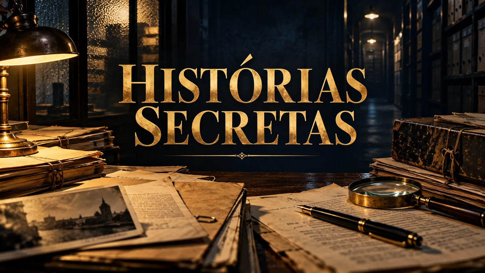 Capa da coleção Histórias Secretas: mesa de arquivo com documentos antigos, lupa e luminária